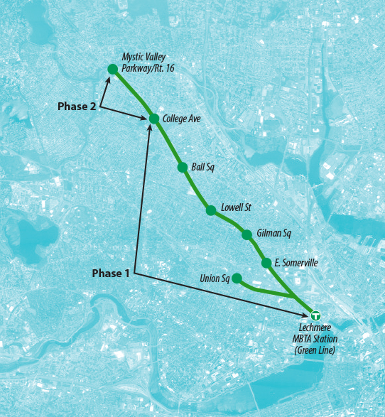 Map showing the two phases of the Green Line Extension project from Lechmere Station to College Avenue/Union Square and College Avenue to Mystic Valley Parkway/Route 16 in Somerville and Medford.